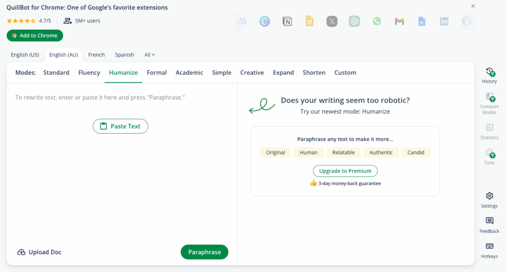 Tool 3: QuillBot Free – Popular AI Text Rewriter Free for Natural-Sounding Rewrites