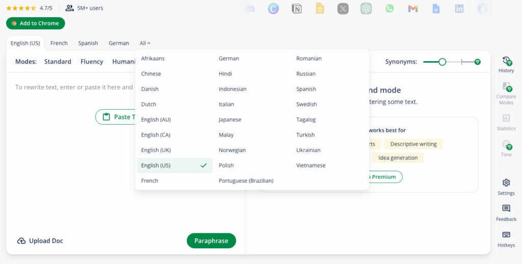 Core Features of Quillbot Paraphrasing Tool