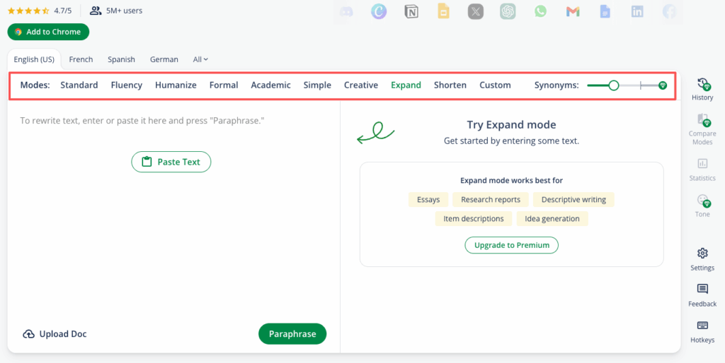 Core Features of Quillbot Paraphrasing Tool