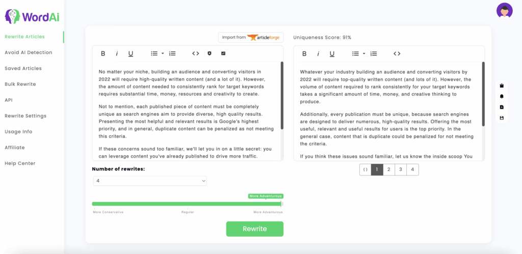 Tool 4: WordAI – Bulk-Friendly AI Rewrite Sentence Tool for SEO